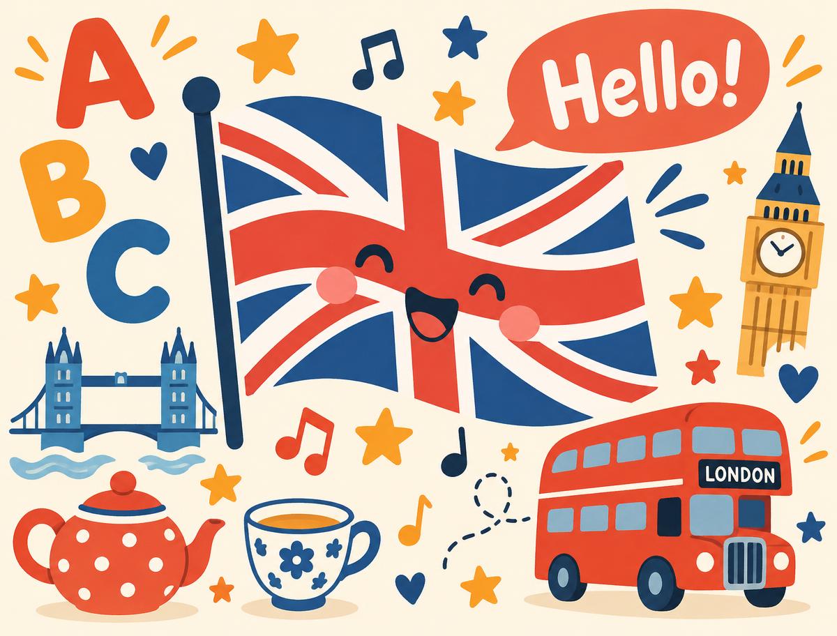 Ilustración con la bandera británica, el autobús de Londres y el Big Ben