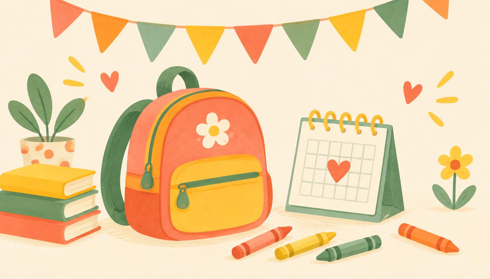 Dibujo de una mochila infantil, ceras de colores y un calendario con un corazón